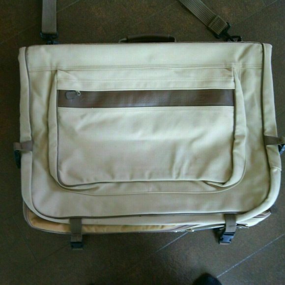 Eddie Bauer Ford Edition Khaki Canvas Leather Garment Bag Luggage Travel Carry - Picture 12 of 16